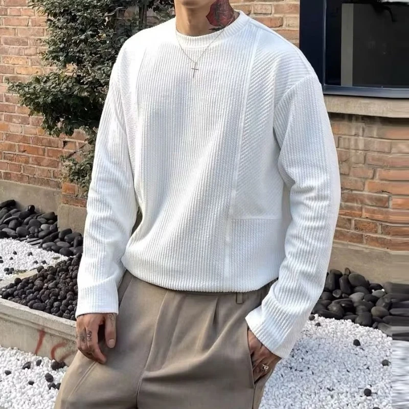 

Мужской однотонный пуловер с длинным рукавом, повседневный Свободный Топ с круглым вырезом, футболка в уличном стиле, базовая одежда 2023, 2023