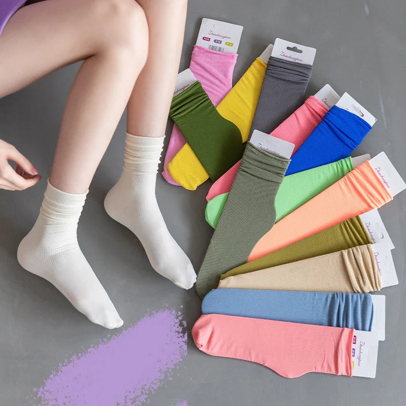 

DeanFire Women Girls Spring Summer Thin Loose Tube Socks Solid Color Black White Khaki Beige Velvet Breathable Long Socks