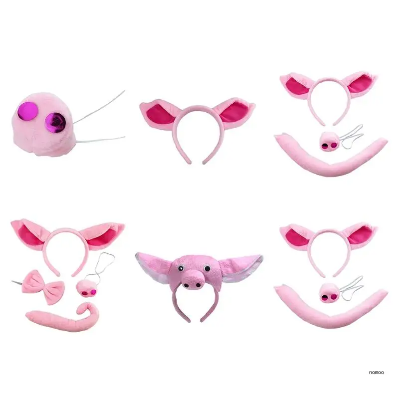 

Pig Ear Headband Nose Tail Costume Accessory Set Halloween Animal Headdress Pink Piggy for Head Hoop Set for Adults and
