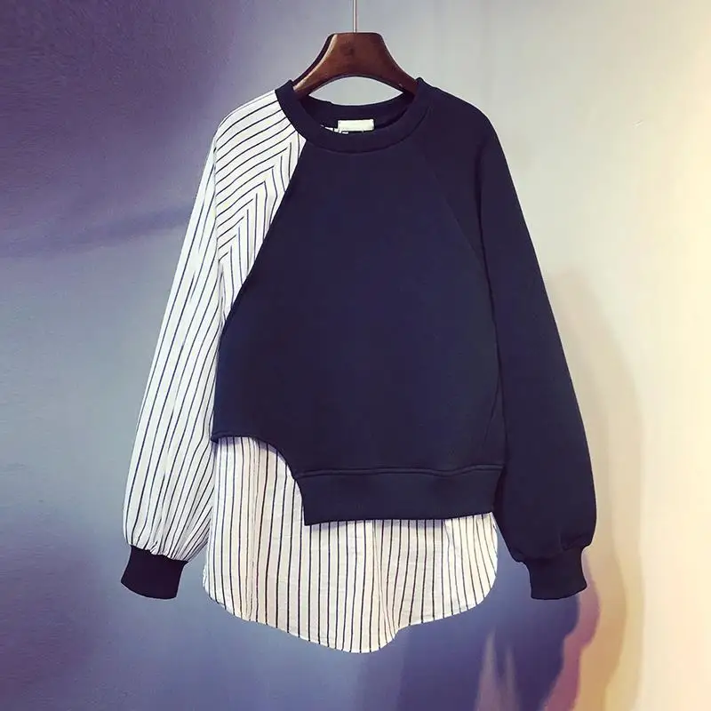 2022 Autumn Winter New Pattern Round Neck Tops Women Fake Two Pieces Striped Patchwork Design Loose Casual Fashion Korean T-Shir