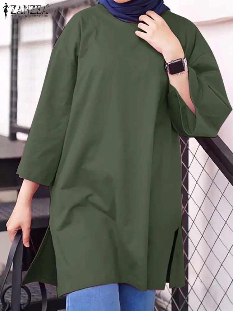 

ZANZEA Woman Vintage Turkey Hijab Muslim Blouse Fashion Abaya Kaftan Shirt O Neck 3/4 Sleeve Tops Female Casual Solid Chemise