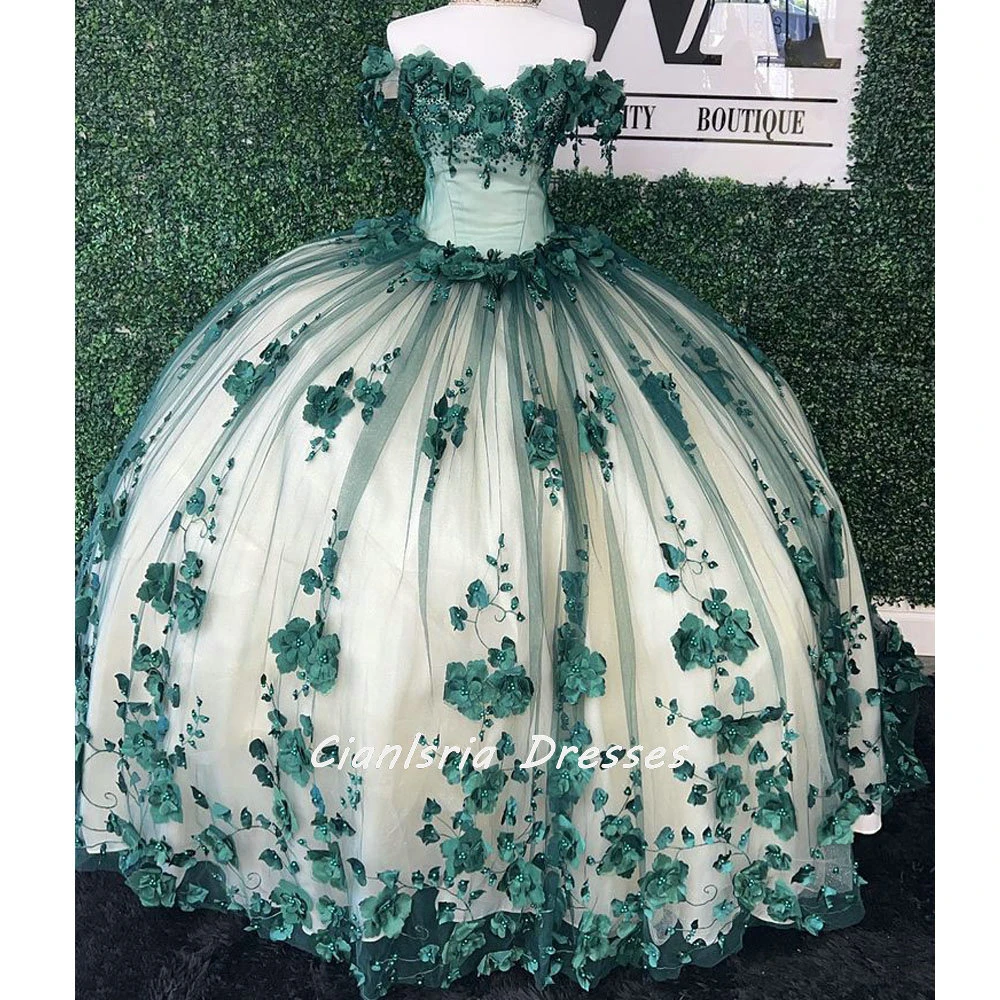 Emerald Green Off The Shoulder Quinceanera Dress Ball Gown Vestidos De Xv  Años 3d Flowers Lace Crystal Sweet 15 Pageant - Quinceanera Dresses -  AliExpress