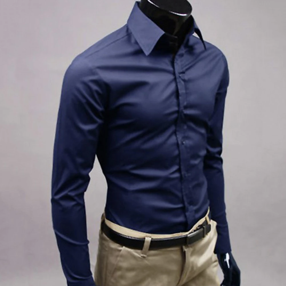Men Shirt Men's Long Sleeve Shirt Men Business Turn Down Collar Top Polyester Office Blouse Social