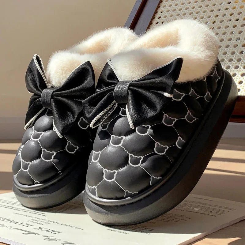 High-looking Bow-knot Waterproof Cotton Shoes for Women with Bag Heel and Winter Indoor Velvet Non-slip Platform Cotton Slippers