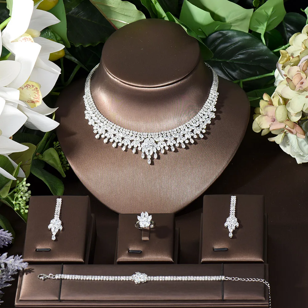 

Fashion Exclusive Cubic Zirconia 4PCS Dubai Nigeria Jewelry Set Shining Tassel Necklace And Earring Set For Ladies Bijoux N-479