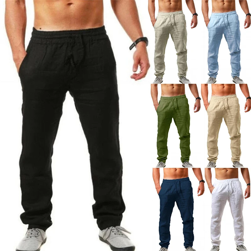 

Summer Men Sport Gym Pants Soild Cotton Linen Pants Breathable Casual Training Trousers Joggers Hip Pop Sweatpants Streetwear