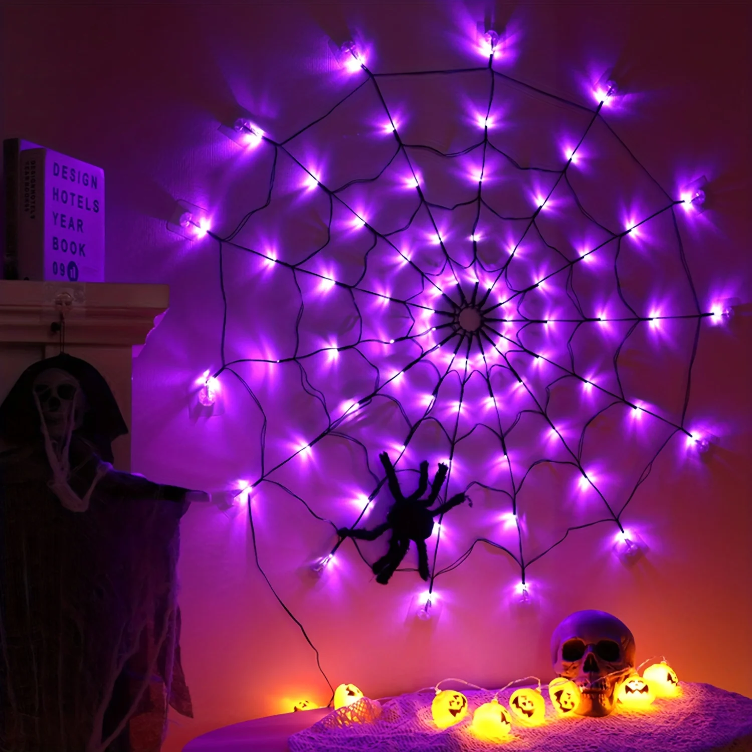 Halloween Spider Web Light w/ Giant Spider 8 Modes Remote Control USB Powered for Spooky Indoor Outdoor Decor