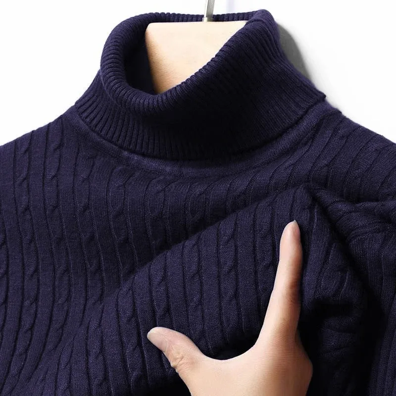 Autumn Men's Turtleneck Sweater Winter Warm Knitted Pullover Sweatesr Jacquard Ribbed Casual Long Sleeves Basic Heavyweight Top