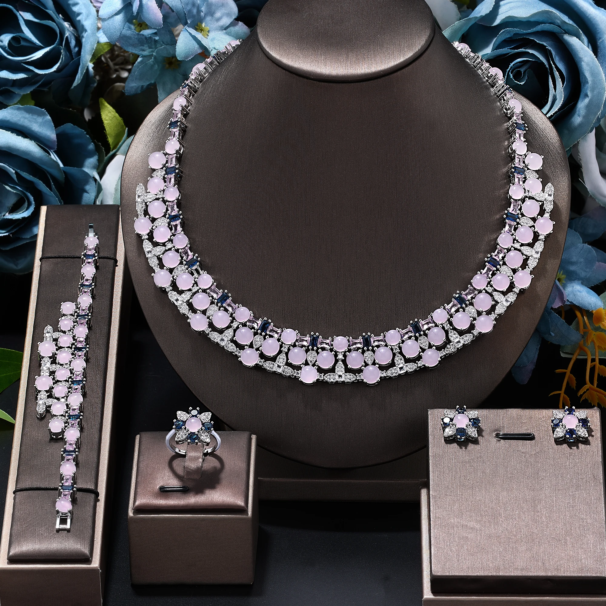 

Noble Turquoise Necklace And Earring 4pcs Set New Fashion Wedding Party Bridal Jewelry Sets for Women