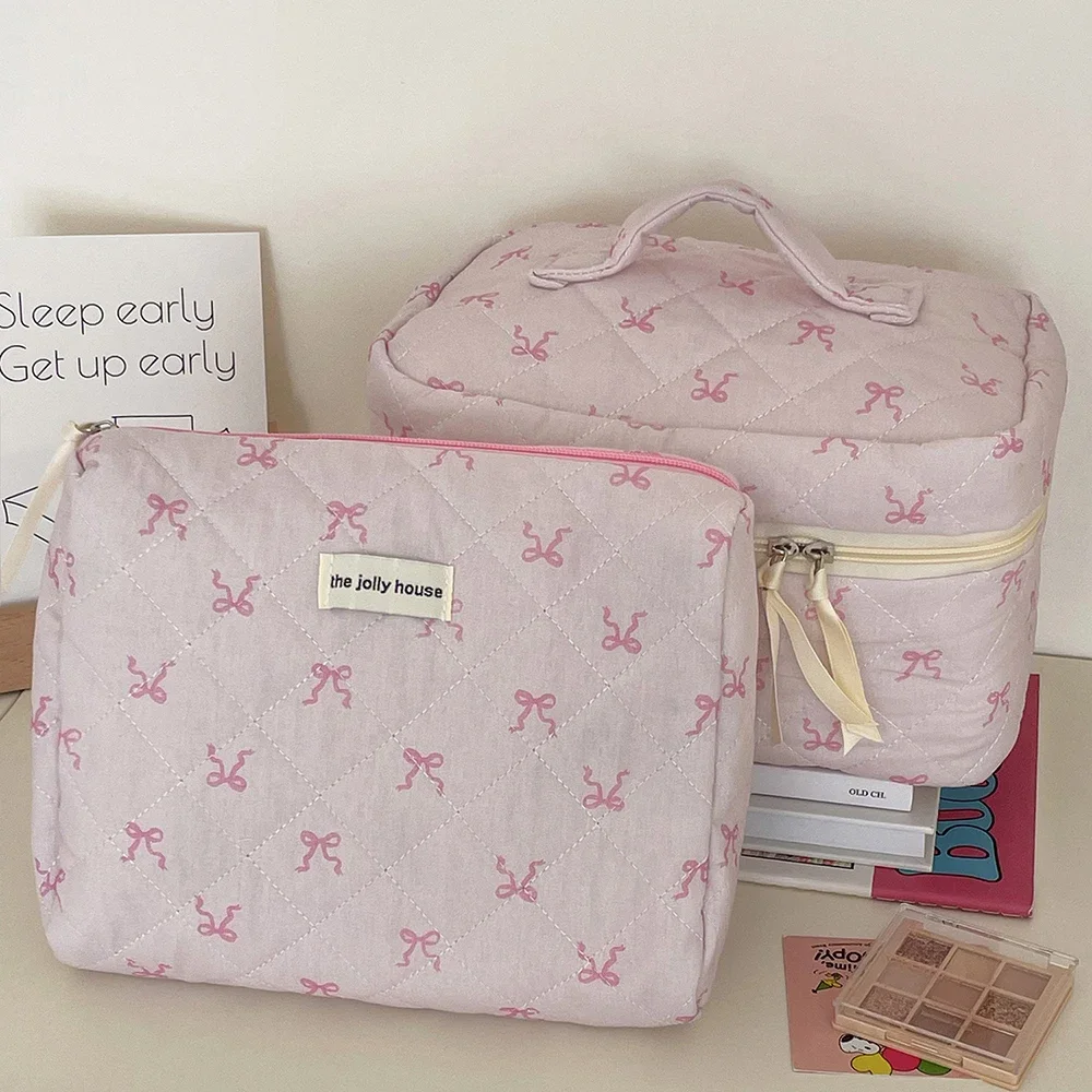 2024 Pink Bowknot Quilting Women Cosmetic Bag Portable Zipper Makeup Travel Organizer Female Handbag Toiletry Pouch For Girls 2
