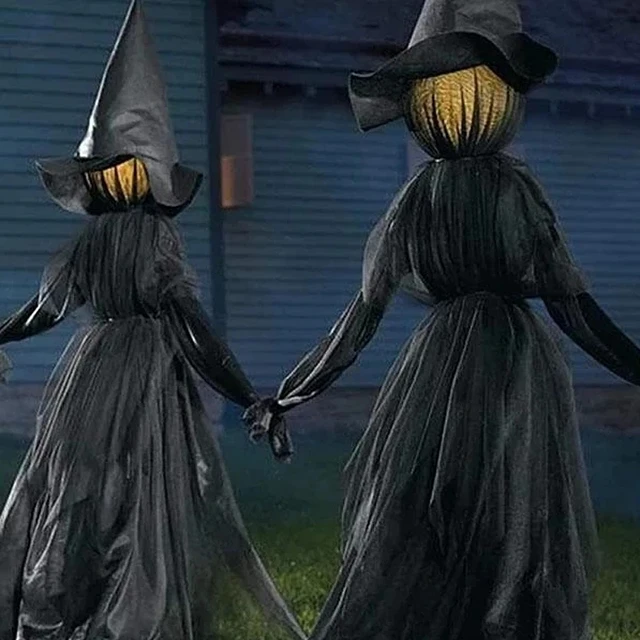 Sound-Activated Light-Up Witches Halloween Outdoor Decorations - Holding Hands and Screaming Witches with Stakes" - Image 6