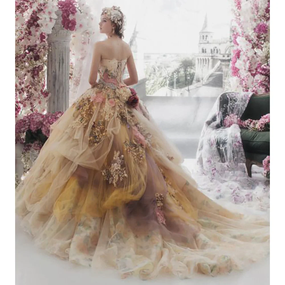 Gold Strapless Point Chiffon Draped Quinceanera Dress Ball Gown Appliques Lace Handmade Flowers Corset Sweet 15 Prom Party