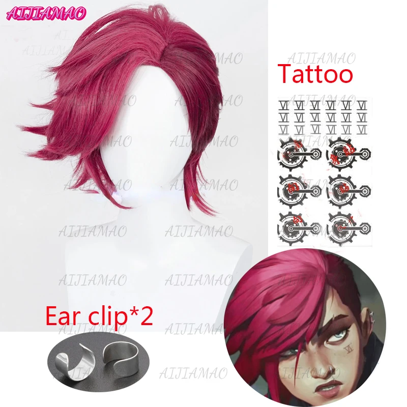 Game-LOL-Arcane-Vi-Cosplay-Wig-VI-30cm-Deep-Rose-Short-Heat-Resistant ...