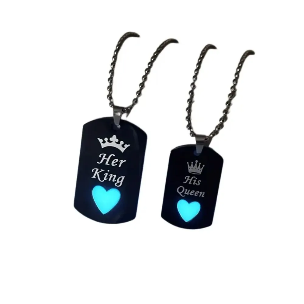 Stainless Steel Luminous Love Heart Her King & His Queen Crown Pendant Necklace for Women Couple Necklace Jewelry Gifts