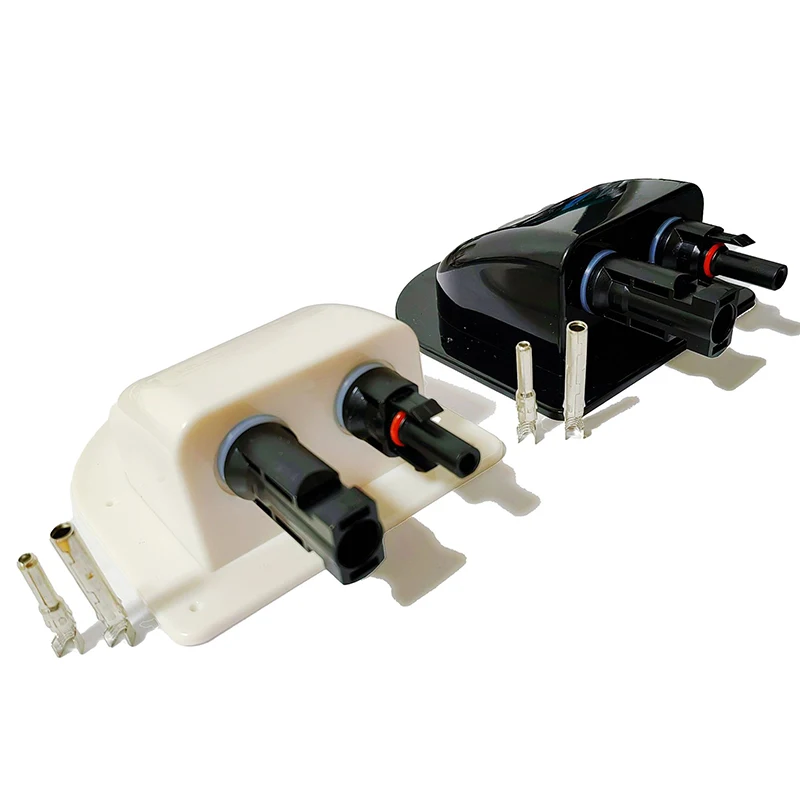 Zonne Dubbele Kabelinvoer Gland, Waterdichte Zonne Fotovoltaïsche Kunststof Beugel Gebogen Kabel Connector ABS Dubbele Kabelinvoer Behuizing voor Zonnepanelen van RV, Caravan Boot