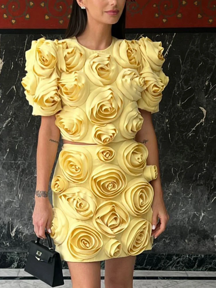 GALCAUR Solid Patchwork Appliques Two Piece Sets For Women Round Neck Short Sleeve Tops High Waist Bodycon Skirts Set Female New