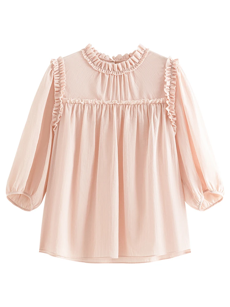 FSLE 100% Cotton Women Pink Three-quarter Sleeves Blouse Peter Pan