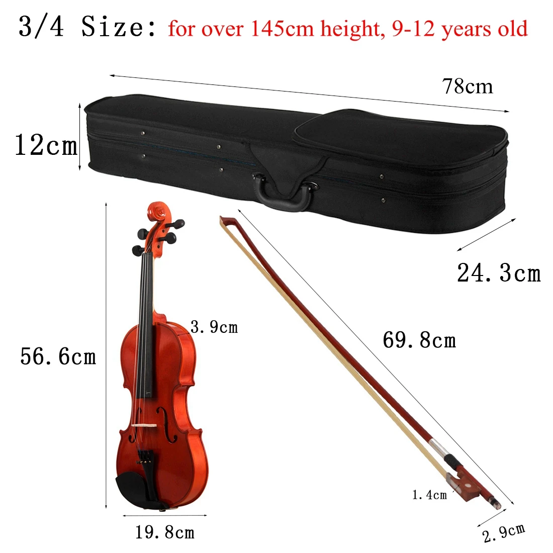 Acoustic Violin 4/4 3/4 1/2 Natural Color Fiddle Basswood for Violin Beginner with Case & Bow & Rosin Stringed Instruments Tools