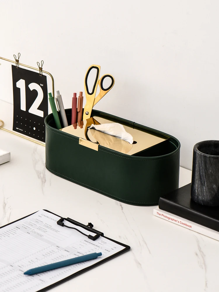 Nordic Home Tableware Light Luxury PU Leather Retro Tissue Box Desktop Storage Paper Holder With Stainless Steel Cover Kitchen 3