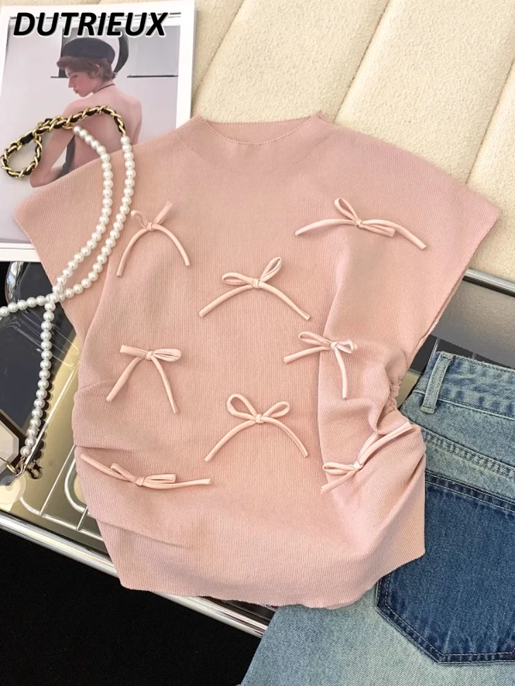 

Gentle Pink Bow Cute Girls Short-Sleeved Knitted T-shirt Women's Summer Design Sweet T Shirt Pleated Solid Color Slim Fit Top