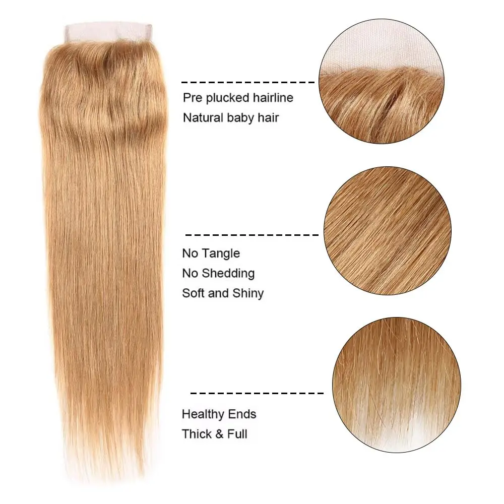 #27 Honey Blonde Straight Human Hair Lace Closure 4x4 Lace Part Brazilian Virgin Hair 10-18 Inch Full End