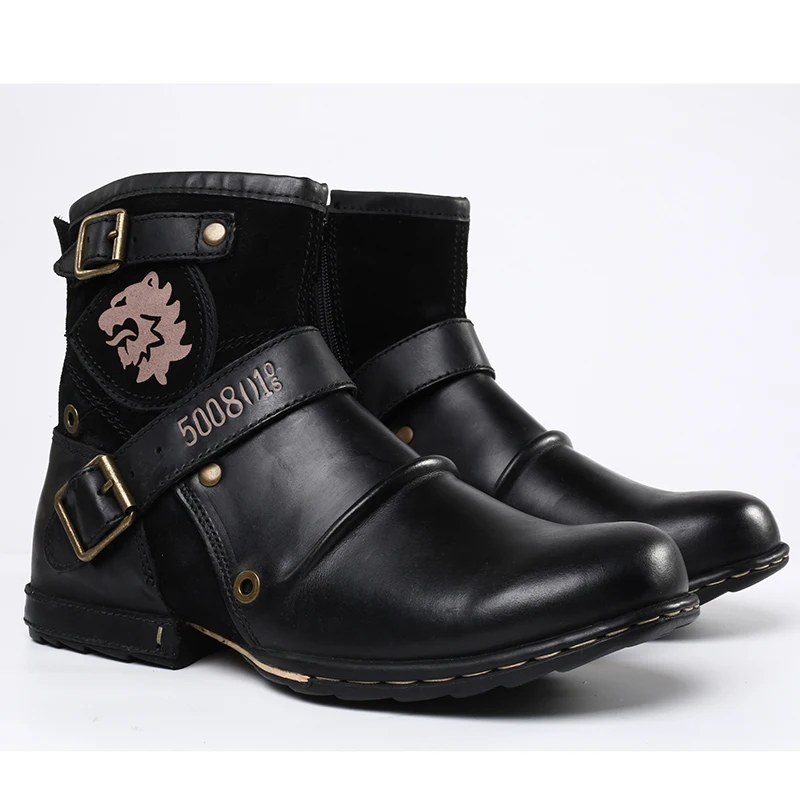 WInter Fashion Men's Shoes Boots Warm Leather Vintage Motorcycle Male Boots Riding Retro Metal Style Zippers Men's Shoes