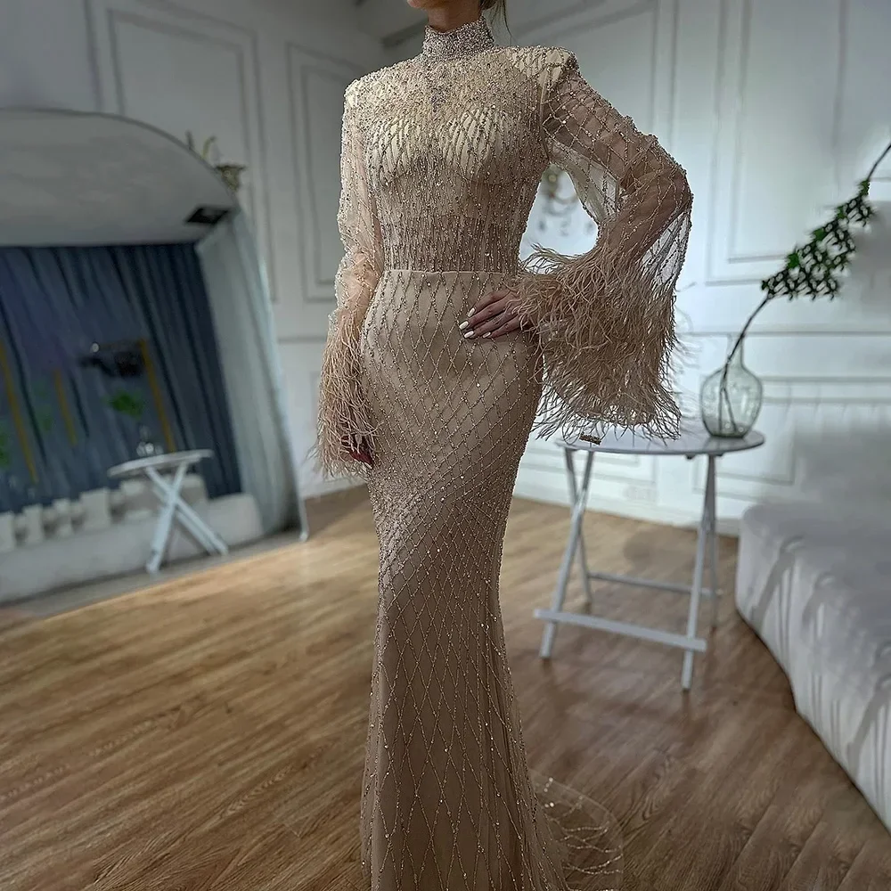 Customized Dubai Gowns Nude Beaded Feathers Mermaid Long Evening Dresses LA72394 women prom dresses