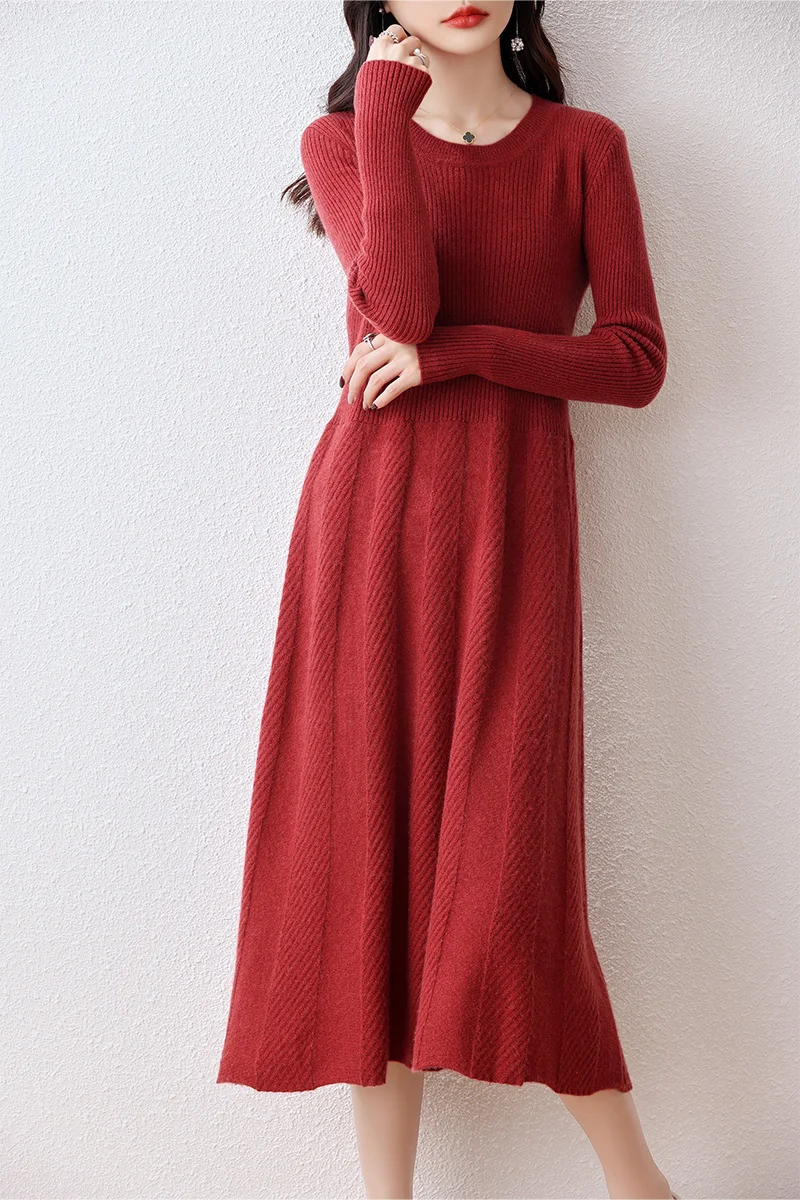 Women's Round Neck Pleated Dress, 100% Merino Wool, Multi-Color Long Sweater Traf, Autumn, Winter, New, Official 5