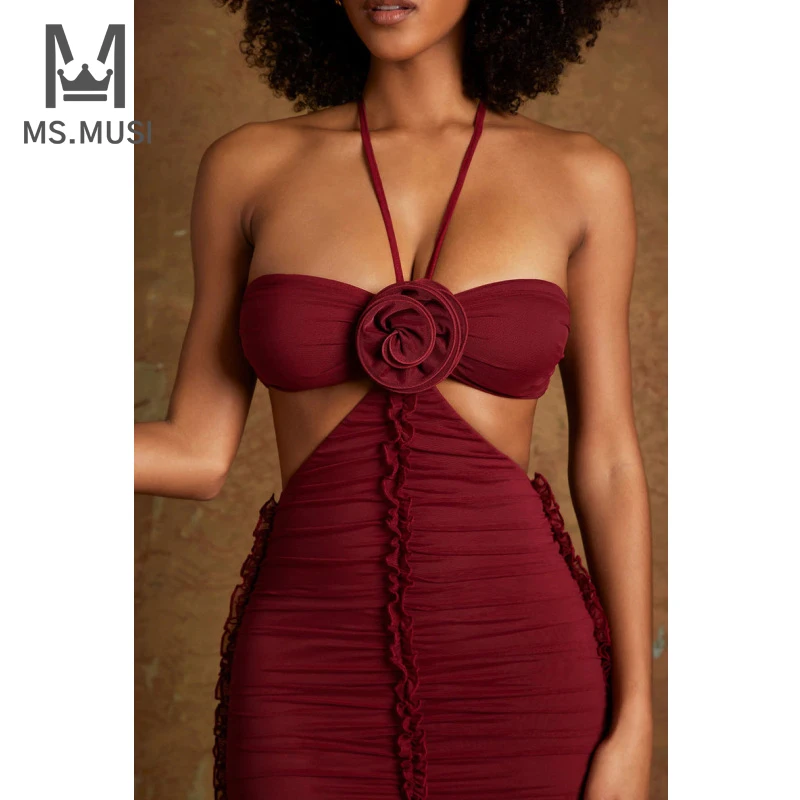 

MSMUSI 2023 New Fashion Women Sexy Halter Floral Embellished Draped Fold Hollow Out Sleeveless Bodycon Party Club Mini Dress