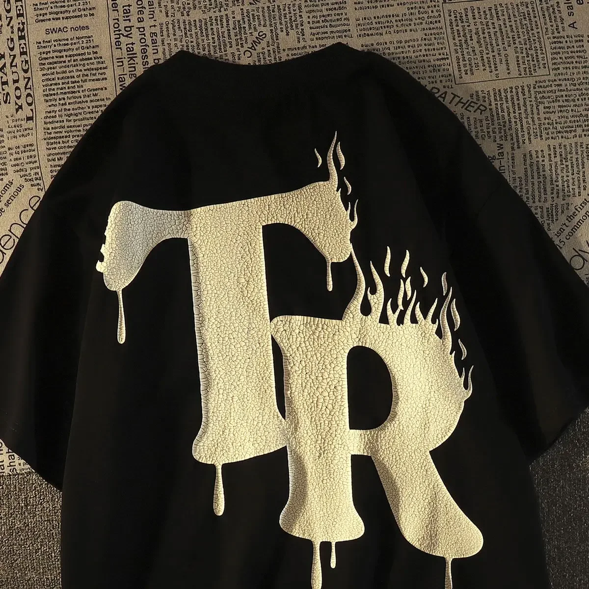 

American retro flame letter cotton short sleeved T-shirt men loose ins top trendy half sleeved men clothing oversized t shirt