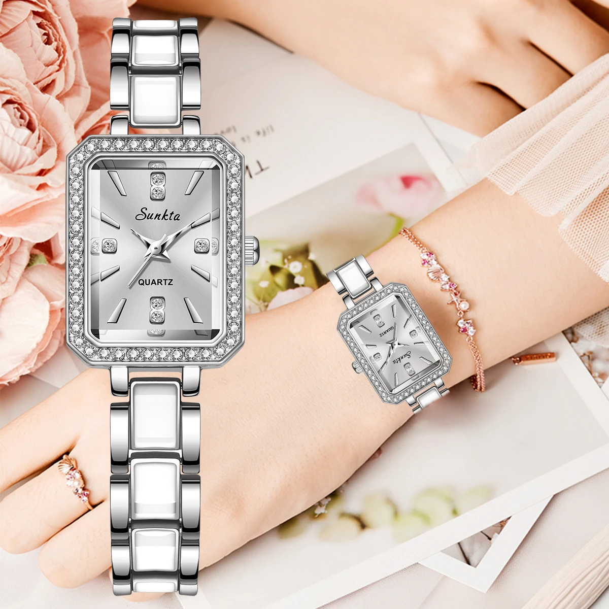 LIGE New Women's Watches Gold Rectangular Dial Quartz Watch Diamond Calendar Waterproof Elegant Original Brand Lady Wristwatch 3