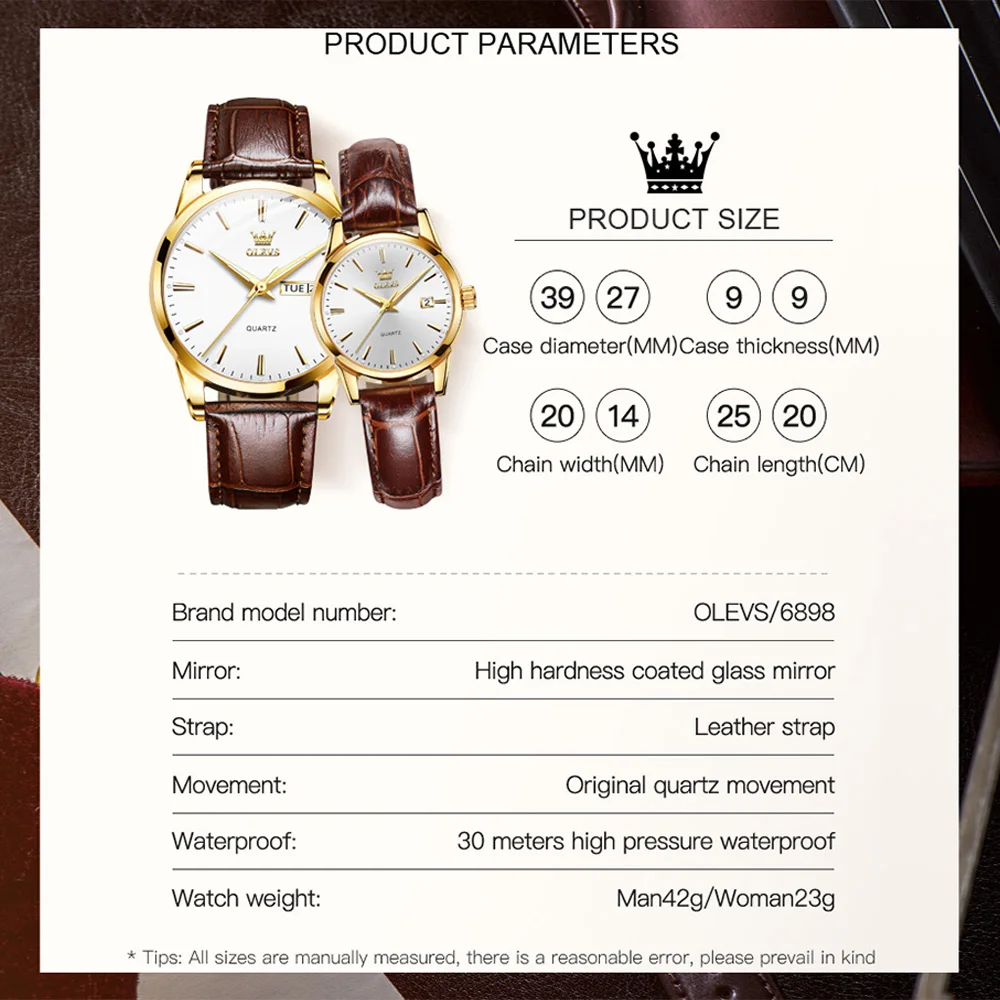 OLEVS Couple Watches Fashion Leather Strap Quartz Watches for Women and Men Simple Date Week Dial Waterproof Couple Wrist Watch