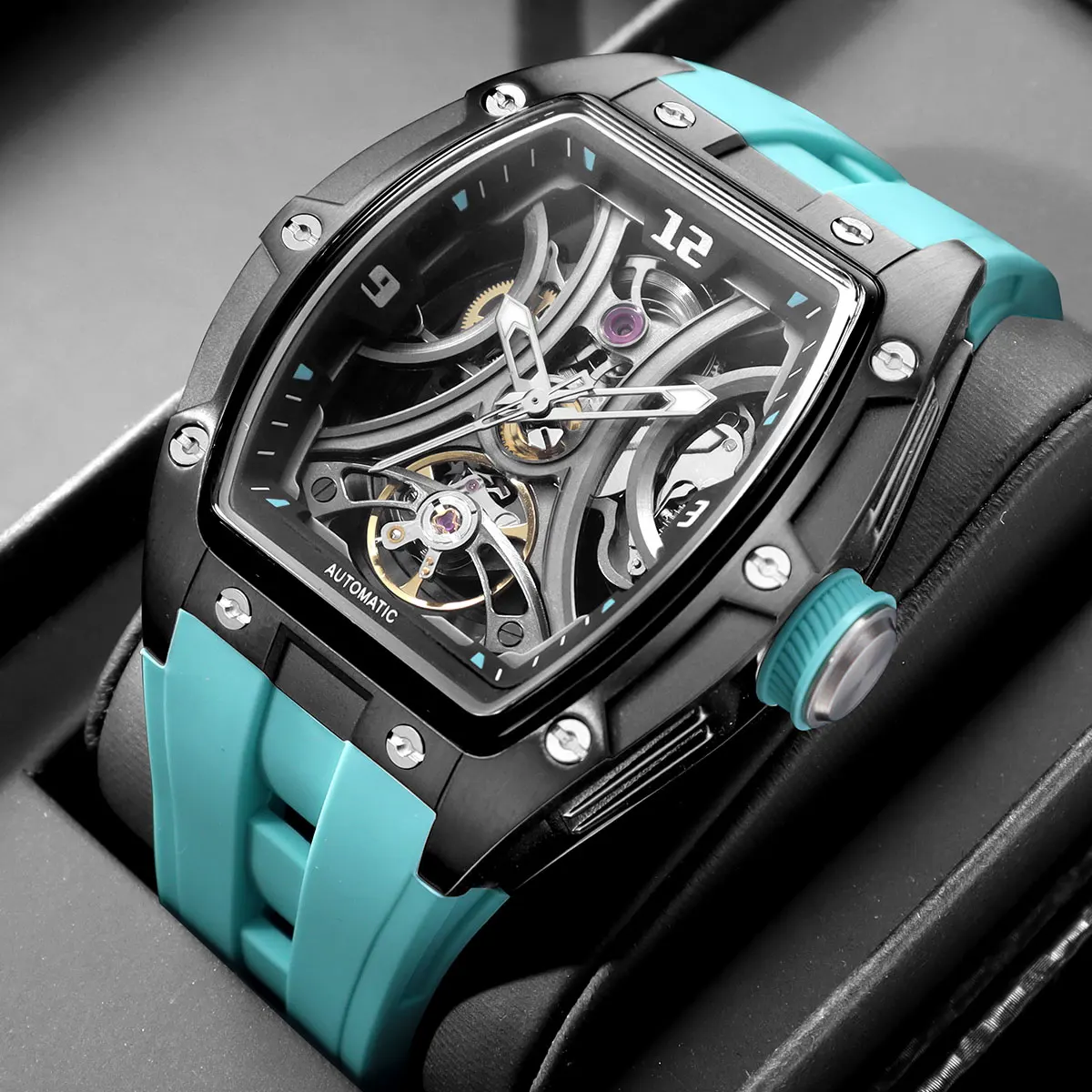 MEGIR Sports Style Automatic Mechanical Watch for Men Full Hollow Transparent Dial Design Stainless Steel Case Silicone Strap - 2