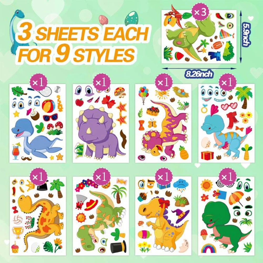 Make a Face Dinosaurs Stickers DIY Cute Cartoon Sticker Laptop Notebook Stationery Car Bike Skateboard Phone Kid Educational Toy