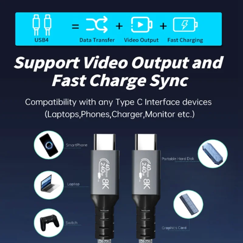 240w 80gbps USB C 케이블 썬더볼트 4 호환 케이블 직각 6.6피트, 90도 USB C USB 4 케이블, 8K/60Hz