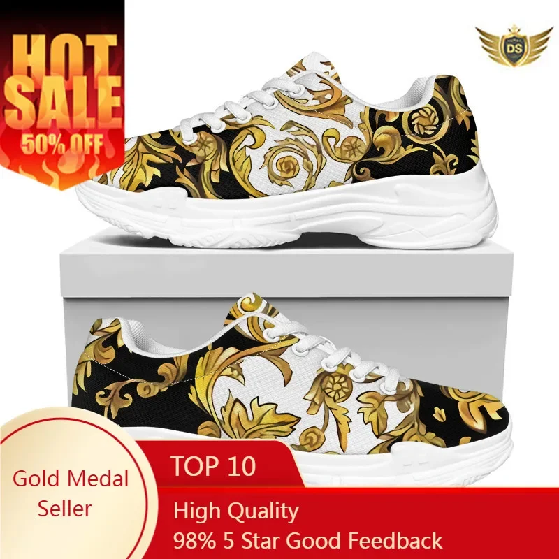 

European Golden Floral Women's Shoes Lace Up Ladies Platform Sneakers Increasing Casual Comfort Flat Dropship