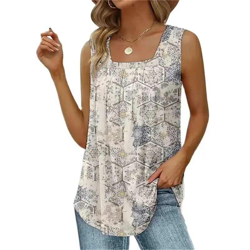 

Women Fashion Print Vest 2024 Summer Comfortable Casual Square Neck Sleeveless Tank Tops Female Office Commuter Loose Camis Tees