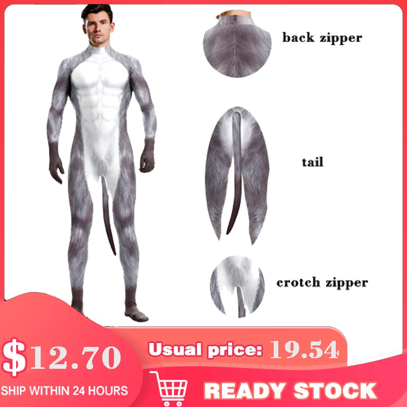 Zawaland Halloween Carnival Cosplay Snow Wolf 3D Printed Jumpsuit Long Sleeve Tight Catsuit Costumes Zentai Bodysuit with Tail cosplay costume