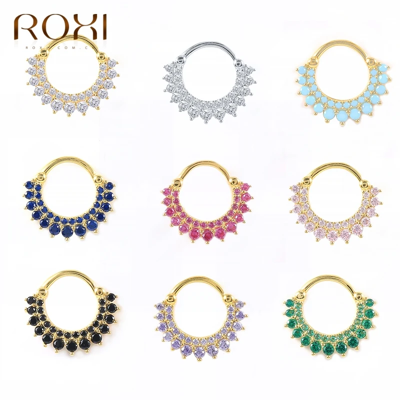 ROXI 925 Sterling Silver Crystals Earrings Hoops For Women Round Nose ring Puncture Cartilage Ear nail Earring Fine Jewelry Gift nose piercings