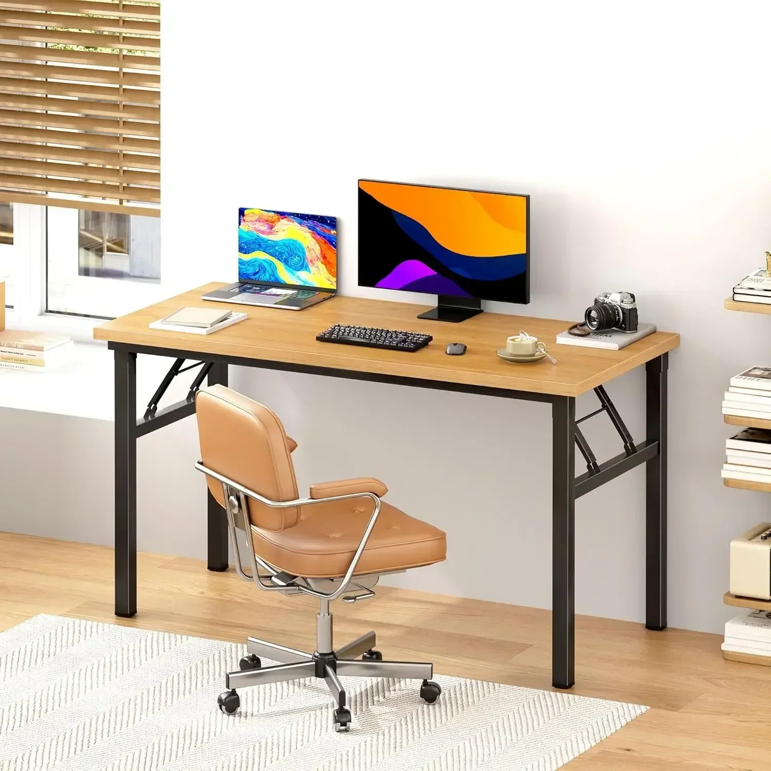 New2025-47 inches Folding Table Computer Desk Portable ActivityTable Conference Table Home Office Desk,Fully Assembled Teak