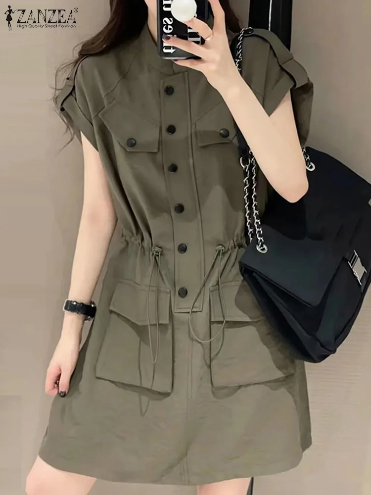 

ZANZEA Women Casual Mini Dress Korean Fashion Short Sleeve Drawstring Waist Button Up Short Sundress Work Wear Cargo Vestidos