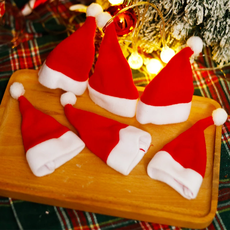 Christmas Red Mini Santa Hat Velvet Fabric Wine Bottle Holder Xmas Party Kitchen Dinner Table Tree Ornament DIY Decor 5pcs christmas beanie hat