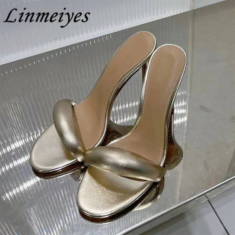 

Sexy High Heels Slippers Women Round Peep Toe Runway Shoes Female Genuine Leather Shallow Slides Summer Stiletto Sandals Woman