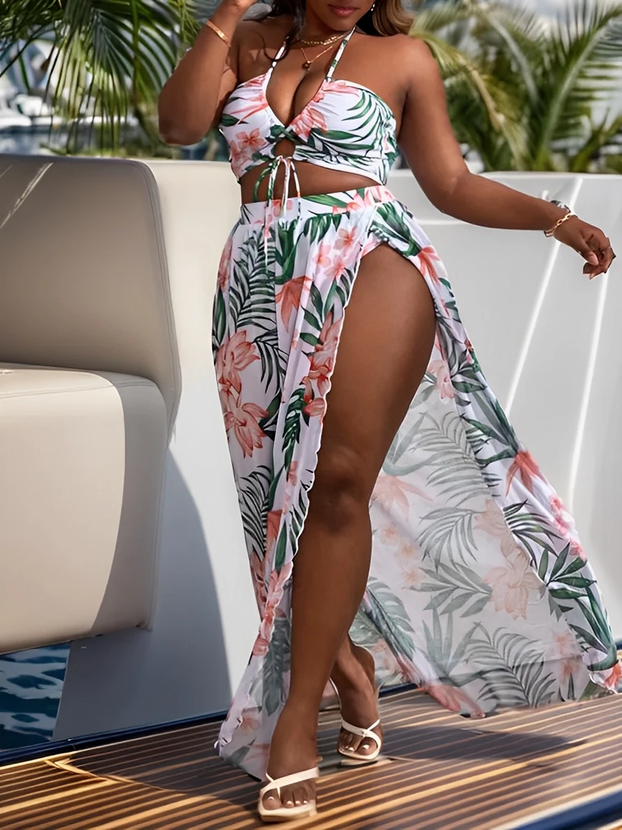 2026 Large Plus Size Halter Bikini Long Skirt 3 Piece High Waist Swimsuit Women Swimwear Female Bathing Suit Beachwear Swimming