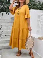 2024 Spring and Summer New Large V-neck Splicing Multi color Multi plus size Long Style Large Swing Dress