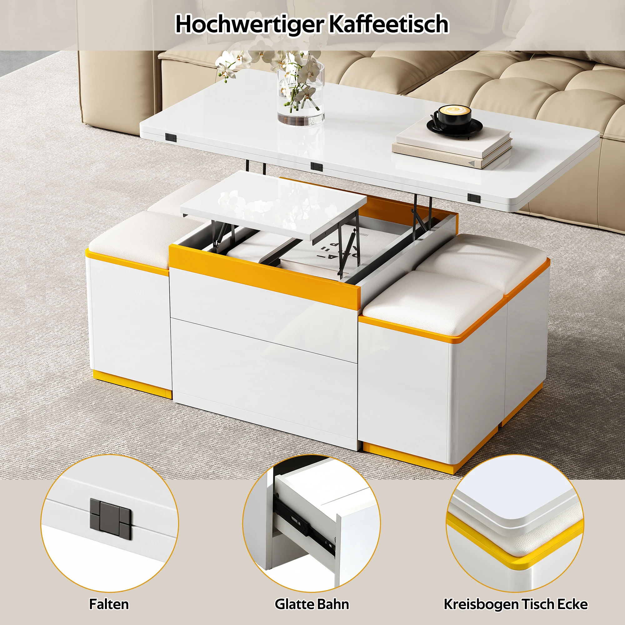 Moderner weißer Hochglanz-Couchtisch, stilvoller Beistelltisch, multifunktionaler, höhenverstellbarer Couchtisch, 100 x 50 x 43 cm – Detail 24