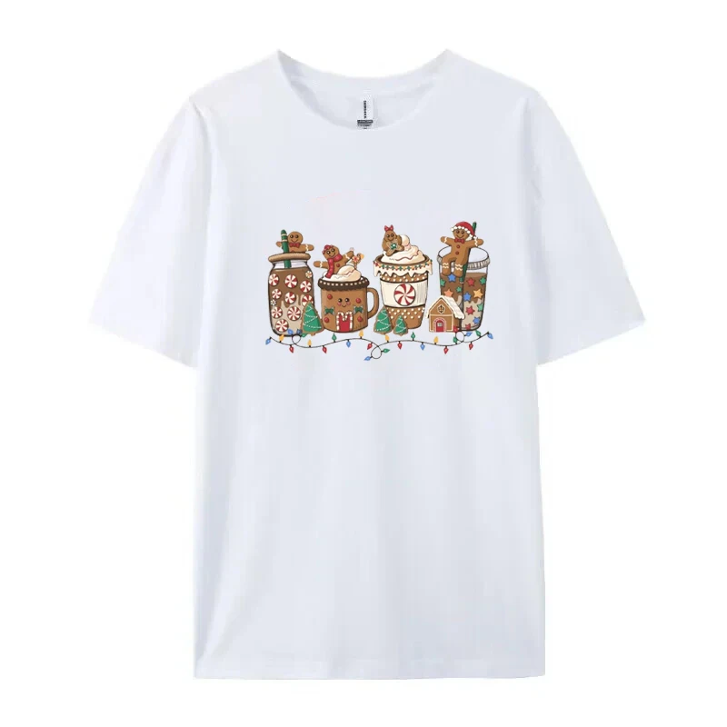 Weihnachten Lebkuchenmann & Boba Milchtee Print Rundhals Kurzarm Damen T-Shirt – Detail 4