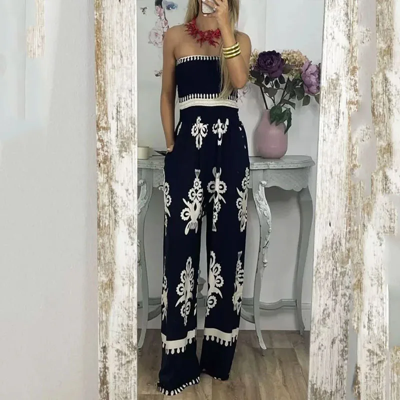 LIYONG Women Jumpsuit Fashion Sexy Print Sleeveless Nipped Waist Loose With Pockets Wide Legs Pants Romper High Streetwear