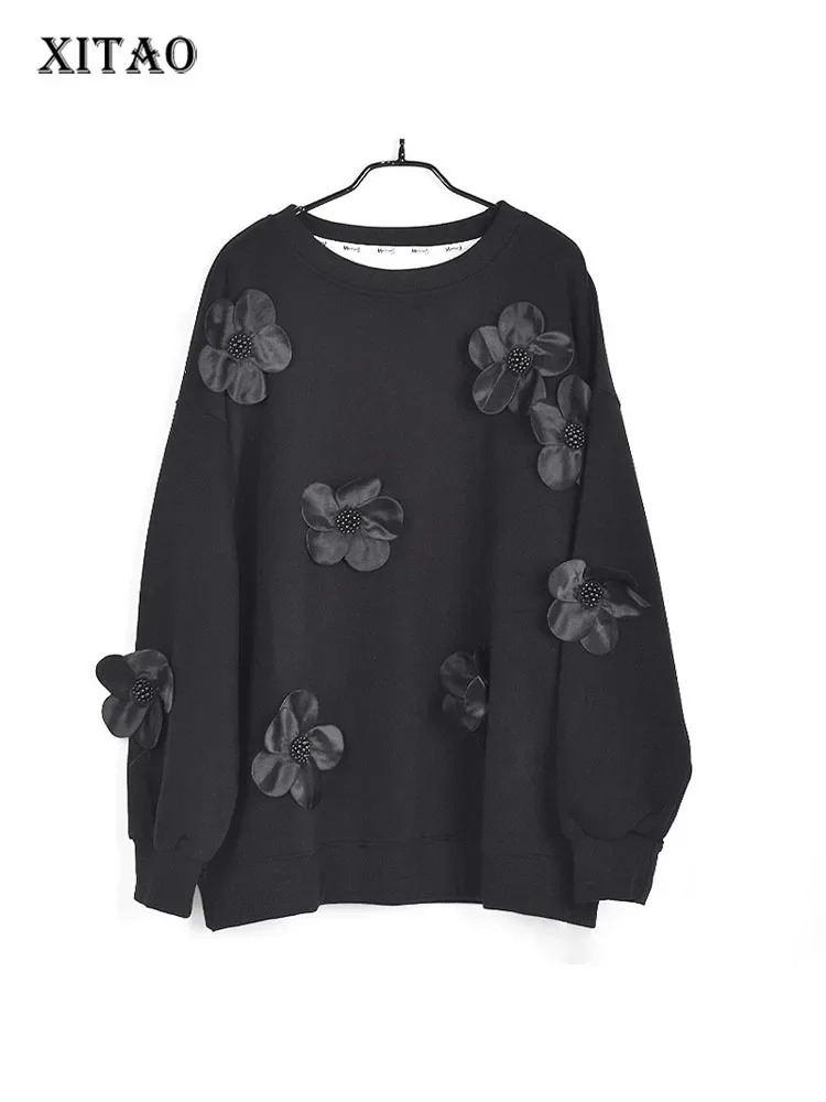 

XITAO New Women Sweatshirt Loose Fashion Three-dimensional Flowers Splicing Decoration Solid Color Casual All-match LDD2225