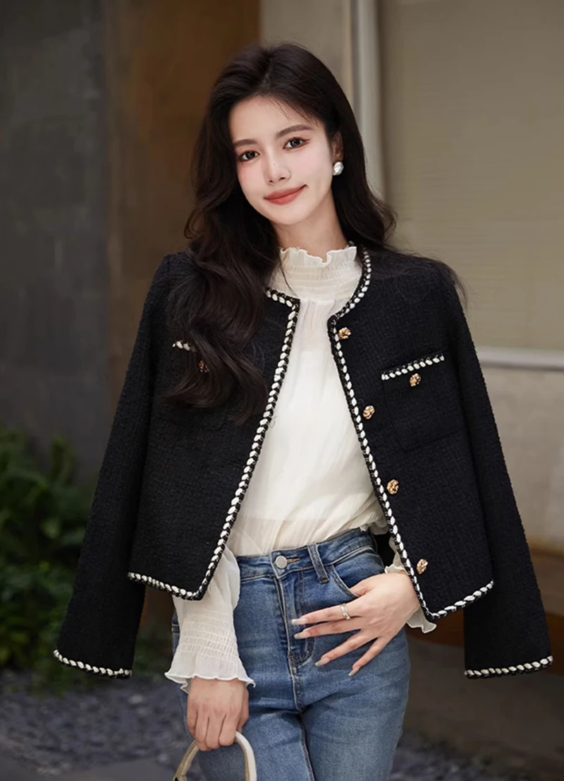 Vintage Cropped Tweed Jacket Women Black Quilted Coat Elegant Blazer Winter Ladies Single Breasted Thicken Outerwear Tops
